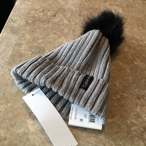 CK Women’s Faux Fur PomPom Gray Cable Knit Hat